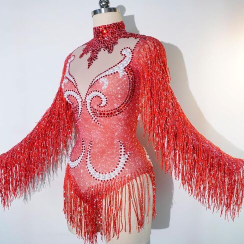 Tyian Sexy Sparkly Diamante Pearl Long Sleeves Fringe Women Bodysuit Performance Dance Club Pole Dance Drag Queen (Pink) in Saudi Arabia