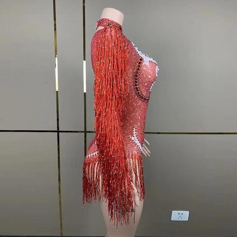 Tyian Sexy Sparkly Diamante Pearl Long Sleeves Fringe Women Bodysuit Performance Dance Club Pole Dance Drag Queen (Pink) in Saudi Arabia