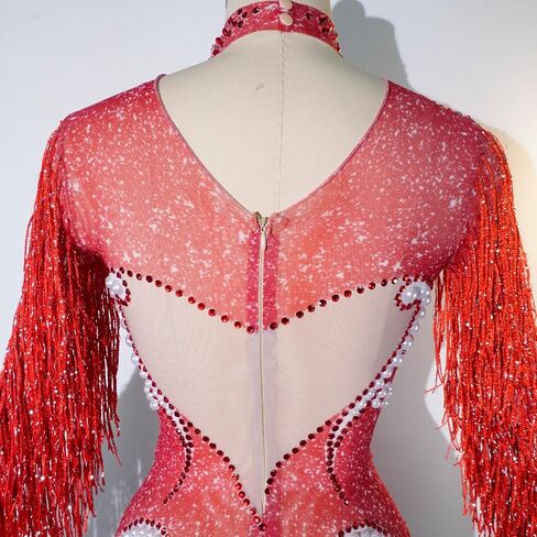 Tyian Sexy Sparkly Diamante Pearl Long Sleeves Fringe Women Bodysuit Performance Dance Club Pole Dance Drag Queen (Pink) in Saudi Arabia