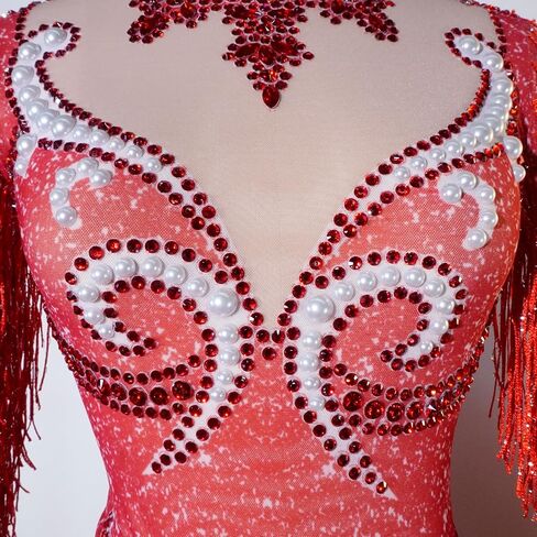 Tyian Sexy Sparkly Diamante Pearl Long Sleeves Fringe Women Bodysuit Performance Dance Club Pole Dance Drag Queen (Pink) in Saudi Arabia