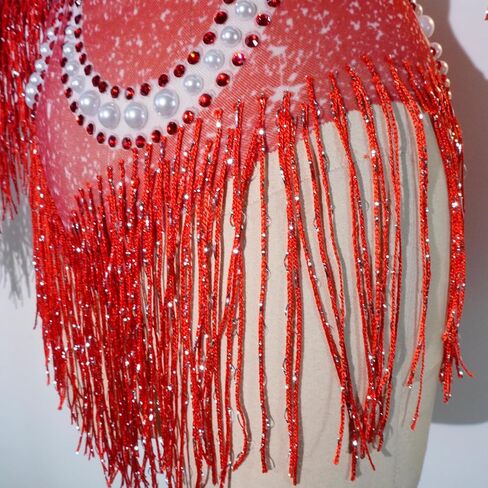 Tyian Sexy Sparkly Diamante Pearl Long Sleeves Fringe Women Bodysuit Performance Dance Club Pole Dance Drag Queen (Pink) in Saudi Arabia