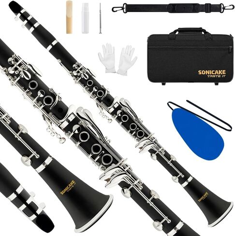 Sonicake B Flat Clarinet للمبتدئين والطالب ، براميل BB Ebonite Clarinet 2 المطلية بالنيكل ، القصب مع طقم التنظيف ، القفازات البيضاء والحالة الصلبة ، الأسود ، QCR-01 in Kuwait