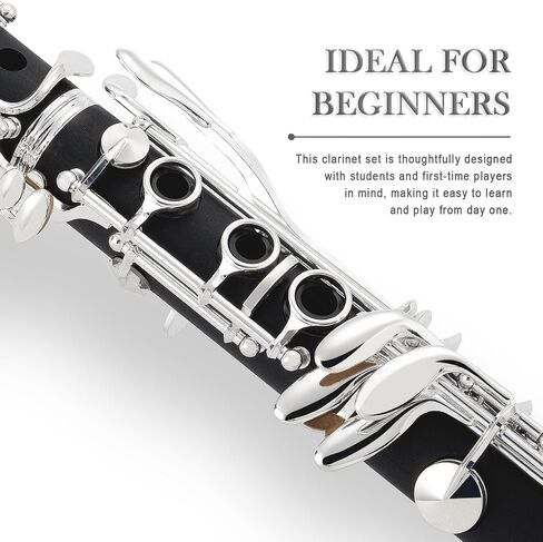 Sonicake B Flat Clarinet للمبتدئين والطالب ، براميل BB Ebonite Clarinet 2 المطلية بالنيكل ، القصب مع طقم التنظيف ، القفازات البيضاء والحالة الصلبة ، الأسود ، QCR-01 in Kuwait