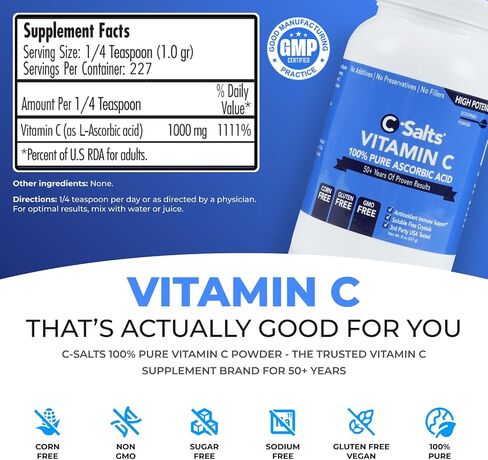 C-Salts Pure Ascorbic Acid Powder - High Dose 100% Pure Vitamin C Powder Supplement for Immune Support - Sugar-Free Powdered Drink with Soluble Fine Crystals, Organic, Corn-Free Non-GMO 24oz in Saudi Arabia