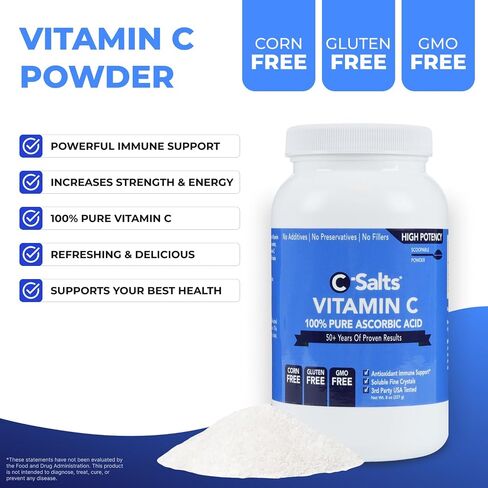 C-Salts Pure Ascorbic Acid Powder - High Dose 100% Pure Vitamin C Powder Supplement for Immune Support - Sugar-Free Powdered Drink with Soluble Fine Crystals, Organic, Corn-Free Non-GMO 24oz in Saudi Arabia