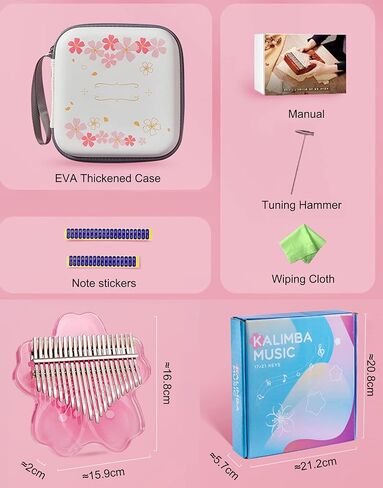 Clear Kalimba Thumb Piano 21 Key with Eva Protective Case Kit ، Sakura Shape Crystal Kalimba 21 key ، الآلات الموسيقية المهنية للمبتدئين البالغين ، Pink 21 Notes in Kuwait