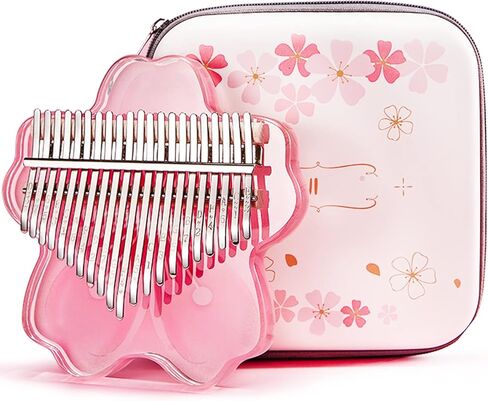 Clear Kalimba Thumb Piano 21 Key with Eva Protective Case Kit ، Sakura Shape Crystal Kalimba 21 key ، الآلات الموسيقية المهنية للمبتدئين البالغين ، Pink 21 Notes in Kuwait