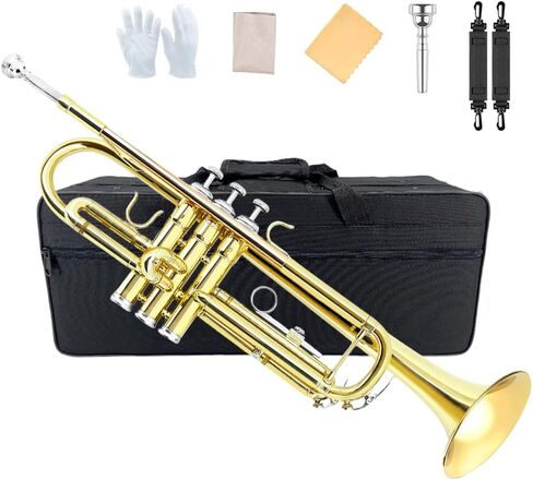 Yinfente Bb Standard Trumpet Set for Beginner or Advance Student, Brass Student Trumpet Instrument With Hard Case, 7C Mouthpiece, Cleaning Kit,White Gloves Glod in Kuwait