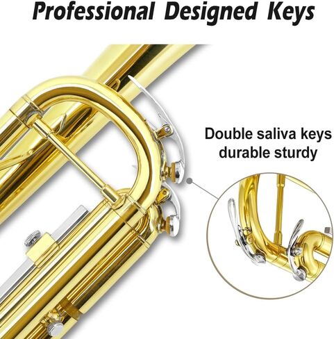 Yinfente Bb Standard Trumpet Set for Beginner or Advance Student, Brass Student Trumpet Instrument With Hard Case, 7C Mouthpiece, Cleaning Kit,White Gloves Glod in Kuwait