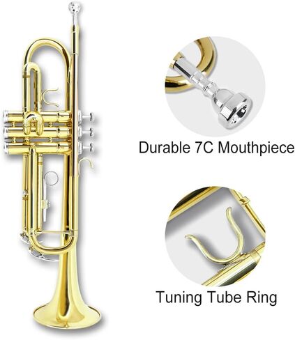 Yinfente Bb Standard Trumpet Set for Beginner or Advance Student, Brass Student Trumpet Instrument With Hard Case, 7C Mouthpiece, Cleaning Kit,White Gloves Glod in Kuwait