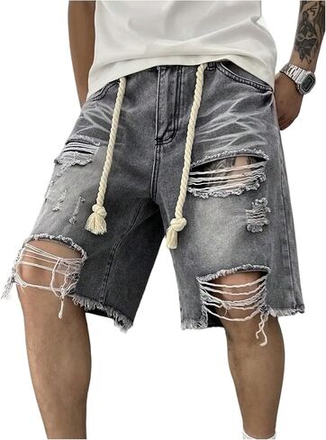 WDIRARA Men's Wide Leg Ripped Denim Bermuda Shorts Raw Hem Distressed Jean Shorts with Pockets in Saudi Arabia