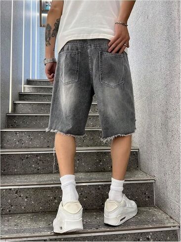 WDIRARA Men's Wide Leg Ripped Denim Bermuda Shorts Raw Hem Distressed Jean Shorts with Pockets in Saudi Arabia
