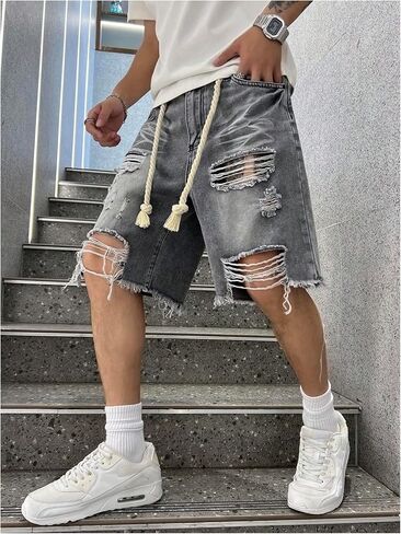 WDIRARA Men's Wide Leg Ripped Denim Bermuda Shorts Raw Hem Distressed Jean Shorts with Pockets in Saudi Arabia