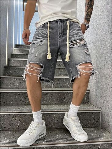 WDIRARA Men's Wide Leg Ripped Denim Bermuda Shorts Raw Hem Distressed Jean Shorts with Pockets in Saudi Arabia