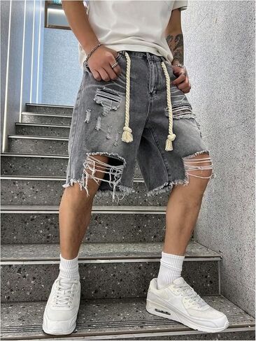 WDIRARA Men's Wide Leg Ripped Denim Bermuda Shorts Raw Hem Distressed Jean Shorts with Pockets in Saudi Arabia