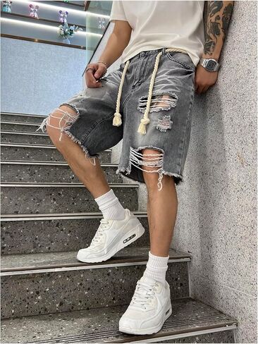 WDIRARA Men's Wide Leg Ripped Denim Bermuda Shorts Raw Hem Distressed Jean Shorts with Pockets in Saudi Arabia
