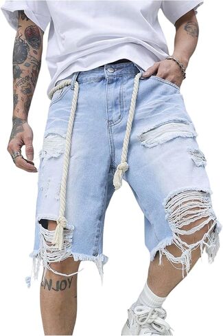 WDIRARA Men's Wide Leg Ripped Denim Bermuda Shorts Raw Hem Distressed Jean Shorts with Pockets in Saudi Arabia