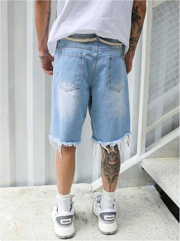 WDIRARA Men's Wide Leg Ripped Denim Bermuda Shorts Raw Hem Distressed Jean Shorts with Pockets in Saudi Arabia