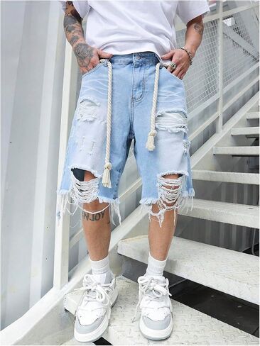 WDIRARA Men's Wide Leg Ripped Denim Bermuda Shorts Raw Hem Distressed Jean Shorts with Pockets in Saudi Arabia