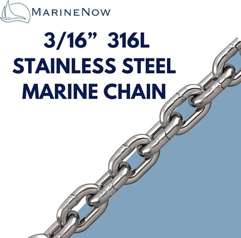 MarineNow 3/16" 316L Stainless Steel Marine Chain – High-Test, Corrosion-Resistant, 1,200 lb WLL – Choose Length – Meets NACM Standards for Anchors & Mooring in Saudi Arabia