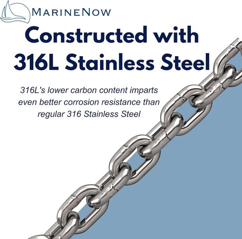 MarineNow 3/16" 316L Stainless Steel Marine Chain – High-Test, Corrosion-Resistant, 1,200 lb WLL – Choose Length – Meets NACM Standards for Anchors & Mooring in Saudi Arabia