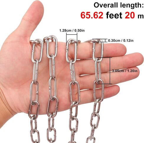 1/8 Inch 304 Stainless Steel Chain, 65 Ft Heavy Duty Utility Chain for Hanging, Durable Metal Chain, Hanging Chain for Sites, Warehouses, Camping in Saudi Arabia