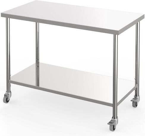 2 Tier Stainless Steel Prep Table with Casters, 48x24 Inch NSF Heavy Duty Metal Kitchen Work Table with Adjustable Shelf, Food Prep Worktable for Home Restaurants in Kuwait