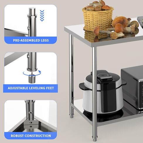 2 Tier Stainless Steel Prep Table, 36x24 Inch Heavy Duty Metal Kitchen Work Table with Adjustable Shelf, NSF Certified, Commercial Workable for Home Hotel Restaurant in Kuwait