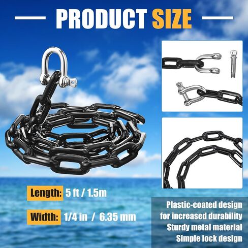 PVC Coated Boat Anchor Chain 1/4 Inch x 4 ft or 5 ft Anchor Chain for Boats with Stainless Steel Shackles Boat Safety for Kayak in Kuwait