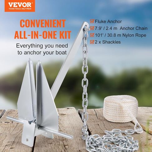 VEVOR Fluke Style Anchor Kit, 13 LBS Hot-Dipped Galvanized Steel Fluke Anchor with 7.9' Chain, 101' Rope and Two 0.4" Shackles, Marine Boat Anchor for Small Vessels Under 30', Seas, Rivers and Shores in Saudi Arabia