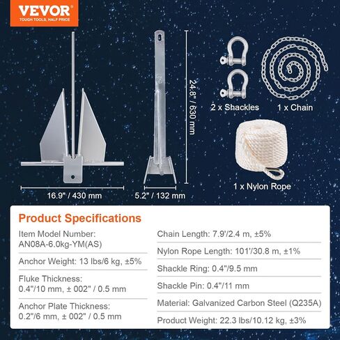 VEVOR Fluke Style Anchor Kit, 13 LBS Hot-Dipped Galvanized Steel Fluke Anchor with 7.9' Chain, 101' Rope and Two 0.4" Shackles, Marine Boat Anchor for Small Vessels Under 30', Seas, Rivers and Shores in Saudi Arabia