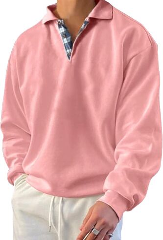 Opomelo Men's Long Sleeve Pullover Polo Shirts-Casual Loose Fit Sweatshirts V Neck Tops in Kuwait