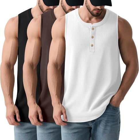 3 Pcs Men's Big and Tall Tank Top Ribbed Plus Size Sleeveless Henley Shirt Crewneck T Shirt 1X-5X in Saudi Arabia