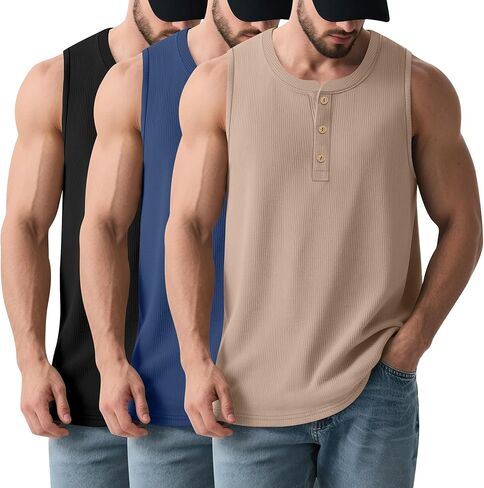 3 Pcs Men's Big and Tall Tank Top Ribbed Plus Size Sleeveless Henley Shirt Crewneck T Shirt 1X-5X in Kuwait