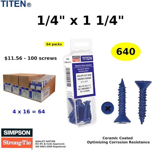 ((Qty 640) Concrete Screws 1/4" x 1 1/4" P/Flat Head for Anchoring to Masonry, Block or Brick Stucco 64 Pack 6 Drill Bits in Saudi Arabia