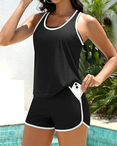 Tankini Swimsuits with Shorts - 3 Piece Athletic Tankini Bathing Suits with Sports Bra and Two Pockets Boyshorts Bottom in Saudi Arabia