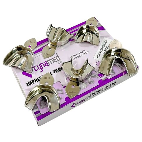 Dental Impression Trays 6 Small, Small, Medium, Large-Non Perforated (Solid)-German Stainless Steel Set of 6-Cynamed in Kuwait