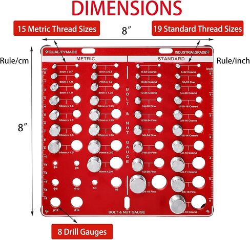 Thread Checkers, 42 Nut and Bolt,15 Metric and 19 Standard and 8 Bit Gauges, Thread Spacing Gauges, Wall Mounted Bolt Thread Identifiers with Inch and Centimeter Scales, Aluminum Alloy Thread Plate in Saudi Arabia