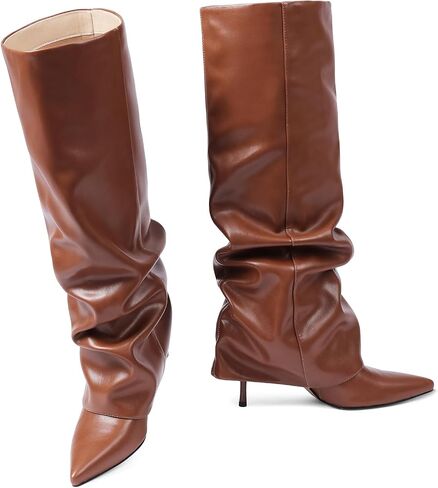 Womens Knee High Boots Fold Over Point Shark Slouchy Boot | Side Hidder Zipper, 3 inch Stiletto Heels, PU Leather & Suede — 8 Colors, Jeans to Dresses, Day to Night, Fall & Winter in Saudi Arabia
