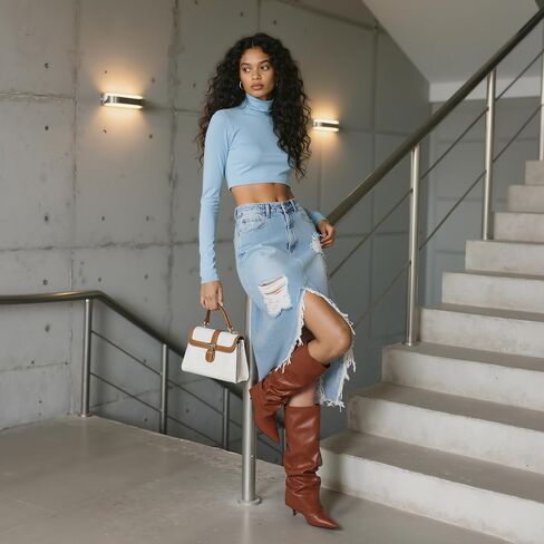 Womens Knee High Boots Fold Over Point Shark Slouchy Boot | Side Hidder Zipper, 3 inch Stiletto Heels, PU Leather & Suede — 8 Colors, Jeans to Dresses, Day to Night, Fall & Winter in Saudi Arabia