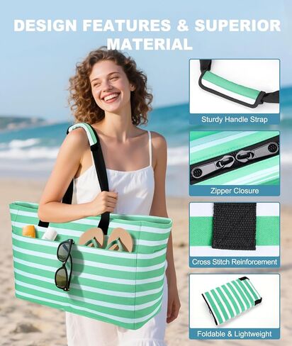 Extra Large Beach Bag, Waterproof Beach Bags with Zipper, Pool Bag with Wet Compartment, Lightweight Foldable Large Weekender Bags for Women, Perfect for Pool Travel Vacation Gym in Kuwait