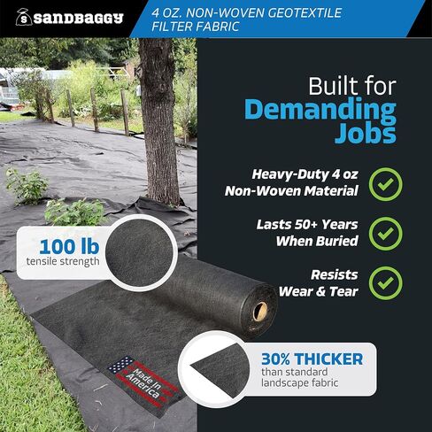 Heavy-Duty Sandbaggy Non-Woven Geotextile Landscape Fabric Roll, Made in USA, Lightweight Weed Barrier, UV Protected, 100 Lb Tensile Strength, French Drain, Erosion Control (3 ft x 15 ft Roll) in Kuwait