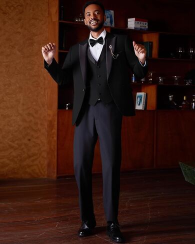 MAGE MALE Mens Suit Slim Fit 3 Piece Tuxedo Suits One Button Wedding Prom Party Dinner Blazer Vest Black Pants Set in Saudi Arabia