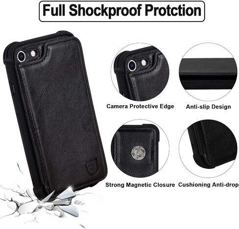 تتناسب Vanavagy مع حالة iPhone SE2/SE3 2022/2020 ، وتناسب مع iPhone 8/7 Wallet Case و Faux Leather Folio Phone Cover تناسب تركيب السيارة المغناطيسية مع حامل بطاقة الائتمان و RFID ، الأسود. in Kuwait