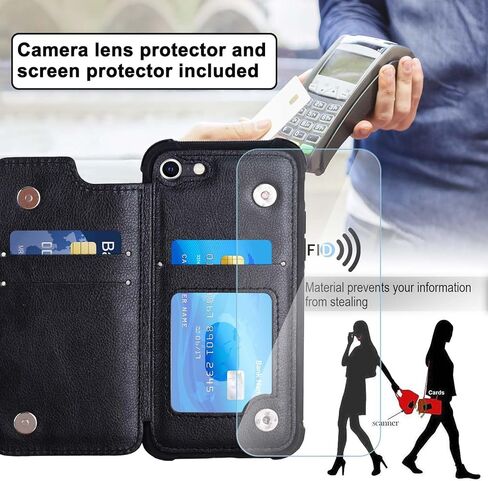 تتناسب Vanavagy مع حالة iPhone SE2/SE3 2022/2020 ، وتناسب مع iPhone 8/7 Wallet Case و Faux Leather Folio Phone Cover تناسب تركيب السيارة المغناطيسية مع حامل بطاقة الائتمان و RFID ، الأسود. in Kuwait
