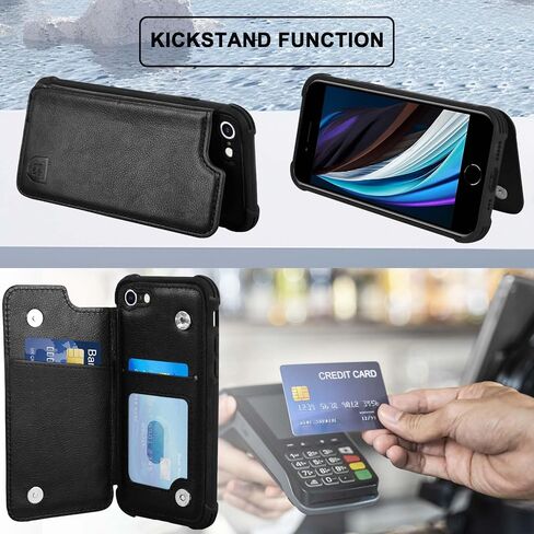 تتناسب Vanavagy مع حالة iPhone SE2/SE3 2022/2020 ، وتناسب مع iPhone 8/7 Wallet Case و Faux Leather Folio Phone Cover تناسب تركيب السيارة المغناطيسية مع حامل بطاقة الائتمان و RFID ، الأسود. in Kuwait