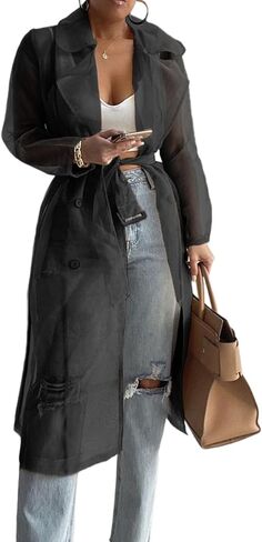 CHICME Women Longline Trench Coat Sheer Mesh Sleeve Buttoned CoatTransparent Jacket Coat with Belt in Kuwait