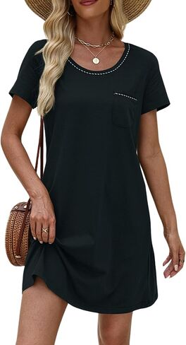 Ekouaer Womens Nightgown Cotton Nightshirts Short Sleeve Sleep Shirt with Chest Pocket Crewneck Nightdress S-XXL in Saudi Arabia