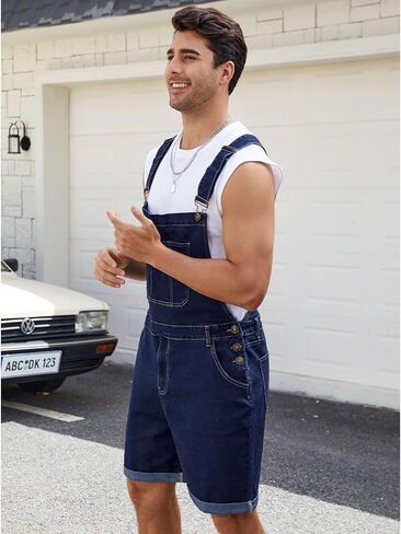 Mens Denim Shorts Bib Overall Jean Romper Casual Loose Fit Walkshort Summer Jumpsuit Coveralls with Zipper in Saudi Arabia