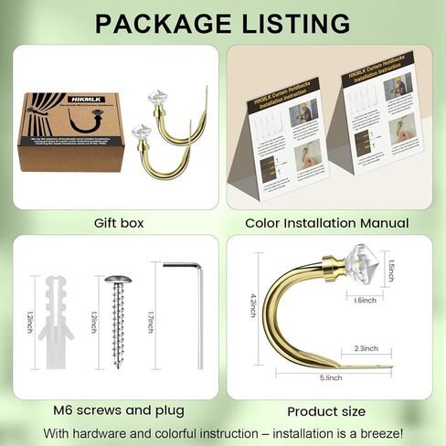 Crystal Metal Curtain Holdbacks 2pcs, Decoration Curtain Tie Back Hooks for Wall, Heavy Duty Side Holders Tiebacks Accessories for Drapes Drapery Window in Kuwait
